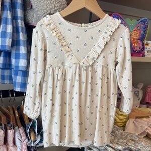 Quincy Mae Cream Long-Sleeve Ruffle Yoke Dress with Navy Floral Dots